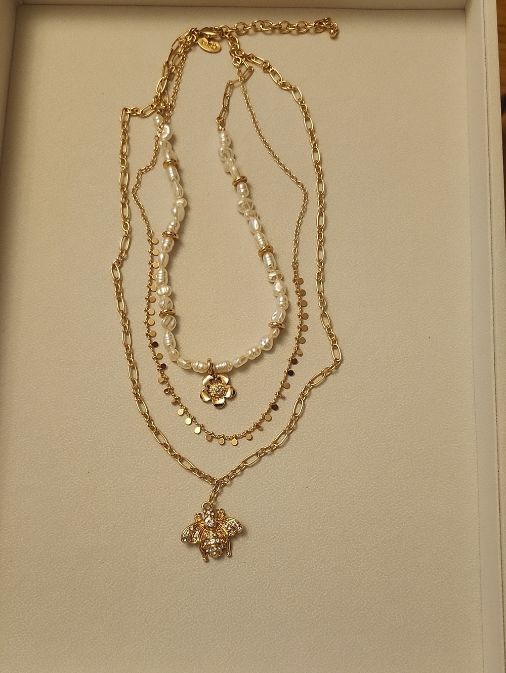 Joan Rivers Gold and Pearl Layered Necklace with Flower and Bee Charms